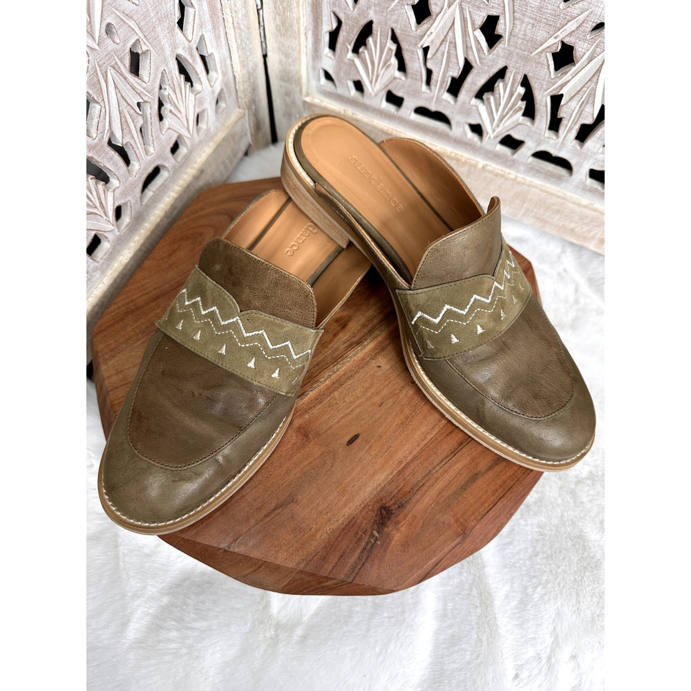 Sundance Leather Embroidered Mules Size 8 Women's Green Pewter Flats - Picture 2 of 5